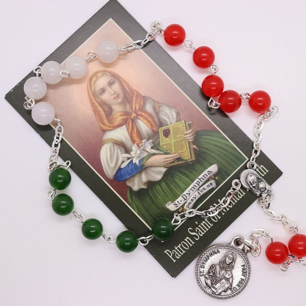 St Saint Dymphna Chaplet Rosary, Traditional Colours- Red, White, Green, Patron Saint of Mental Health, Anxiety, Depression, Handcrafted