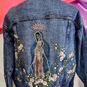 Virgin of Guadalupe Rhinestone Denim Jacket, Embellished OOAK Art