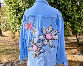 Sequin Margarita Flowers on Blue Denim Jacket Size M