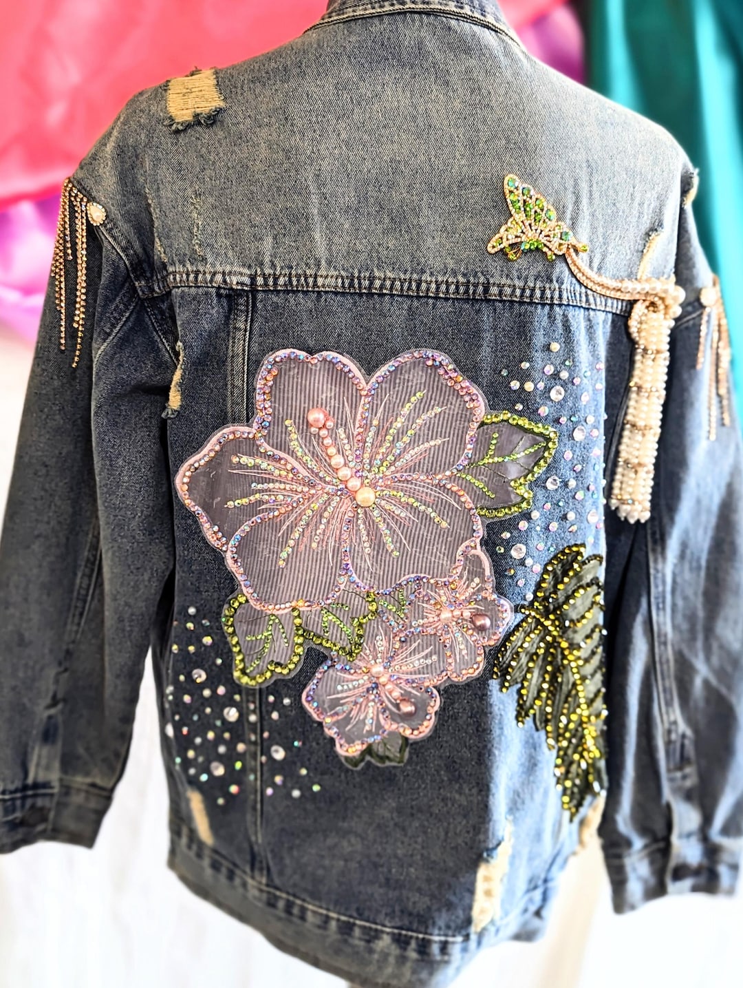 Hydrangea Patterned Jacket Rhinestone Organza Flowers Embellished Denim Jacket. Oversized S - Etsy