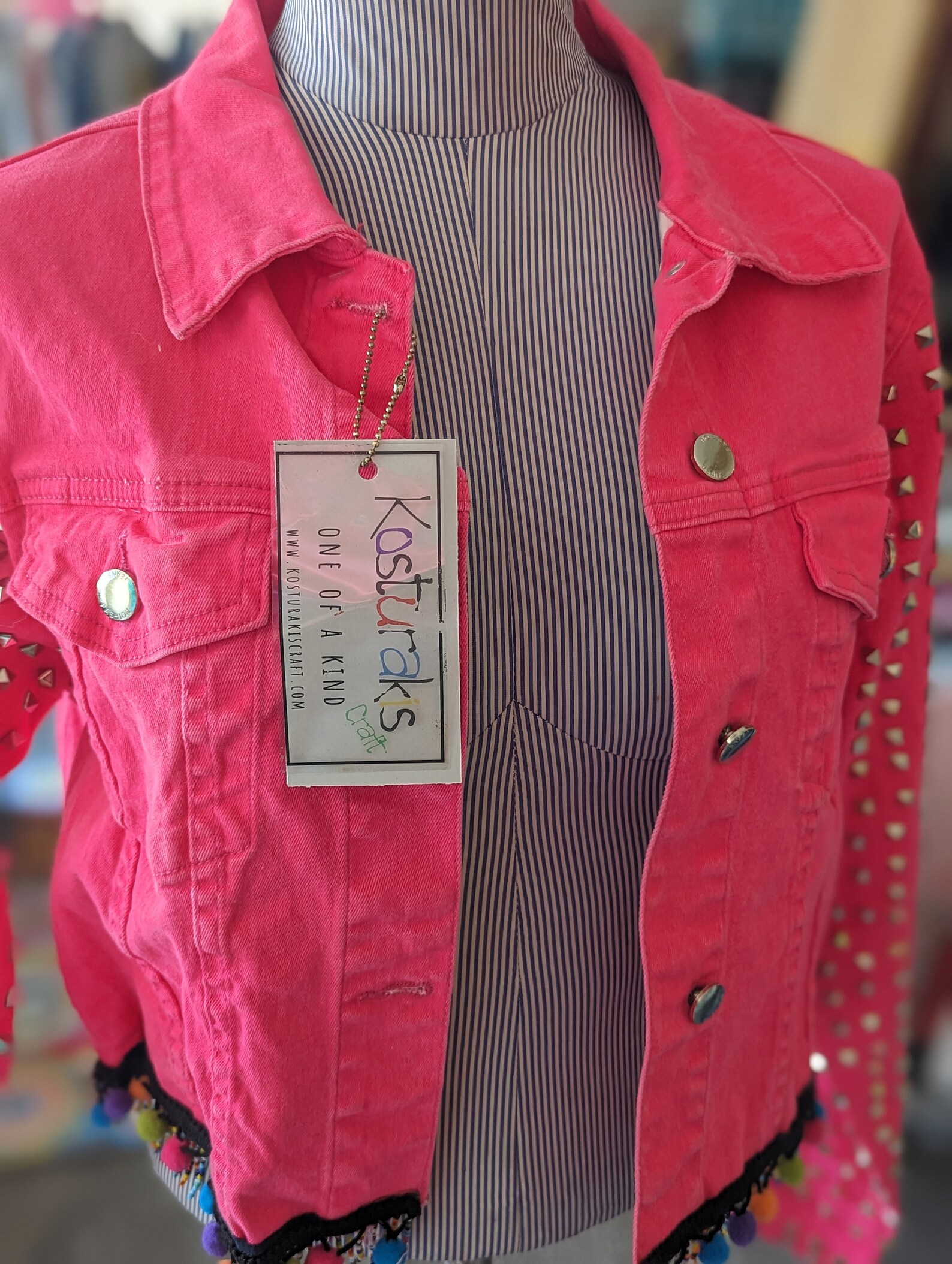 Hummingbird on a Mexican Pink Denim Jacket. Embellished Denim Jacket ...