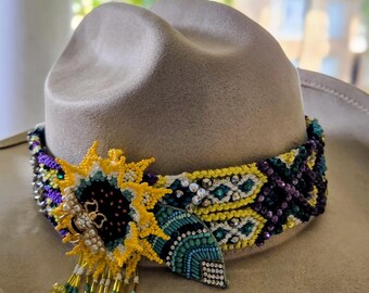 Cinta para sombrero trenzada con cuentas, hecha a mano