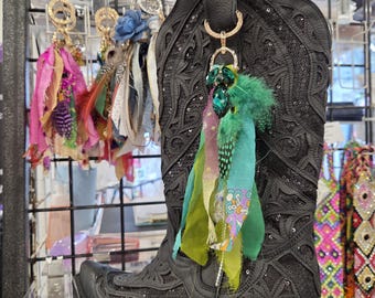 Western Boot Tassel Made of Feathers, Silk, Ribbons, Leather and Crystals