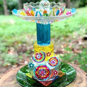 COLORFUL CRYSTAL Bird Bath, Totem, bird Feeder, Center Piece, Side Table, Decoration, Home Décor, Garden Décor, Fine Arts,