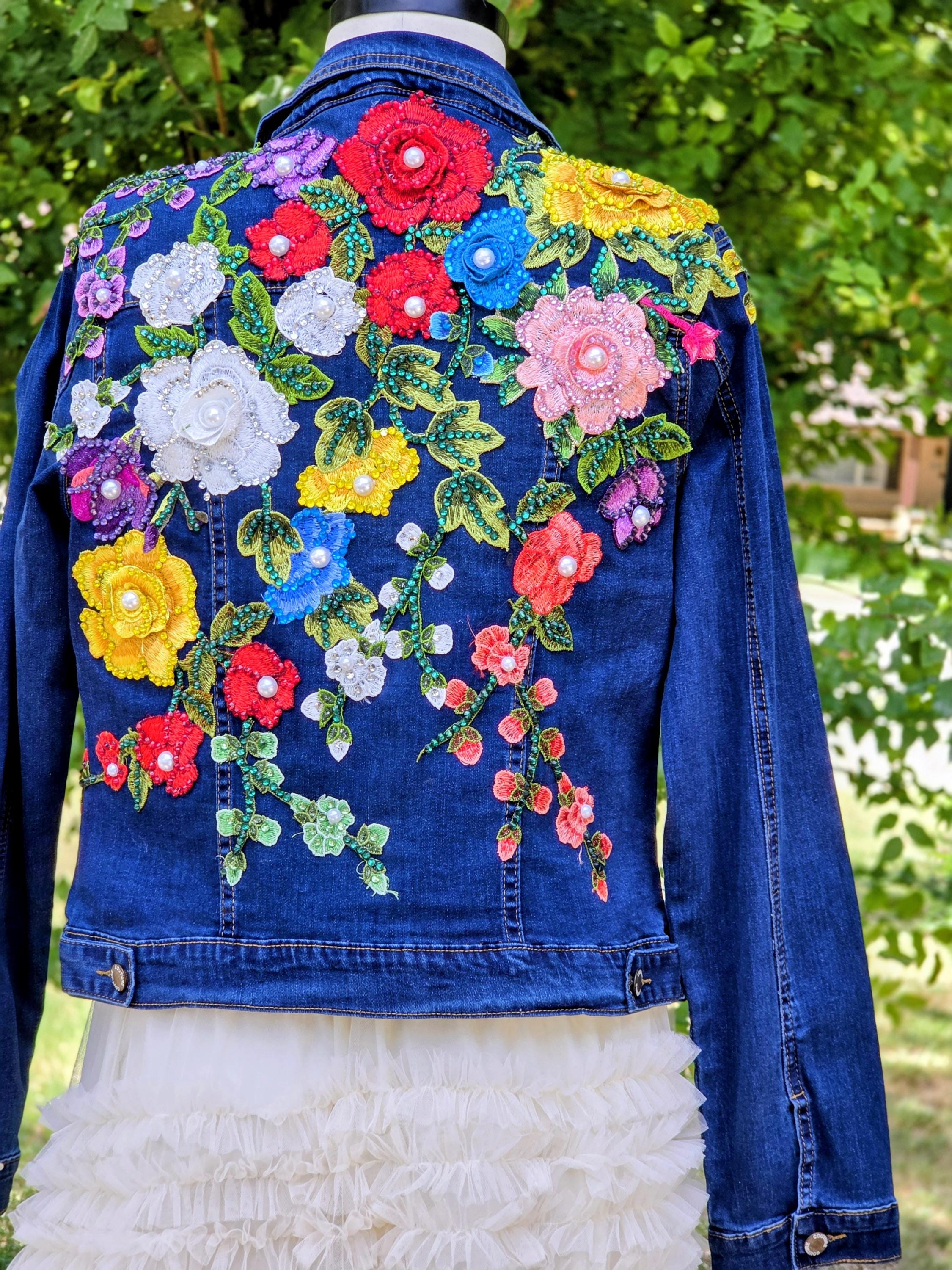 Embroidered Floral Denim Jacket, Rhinestone Embellished. Size XL