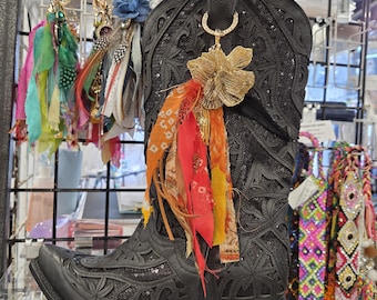 Western Boot Tassel Made of Feathers, Silk, Ribbons, Leather and Crystals