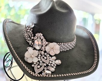 Olive Green Faux Suede Hat with white Crystal Stones and Flowers