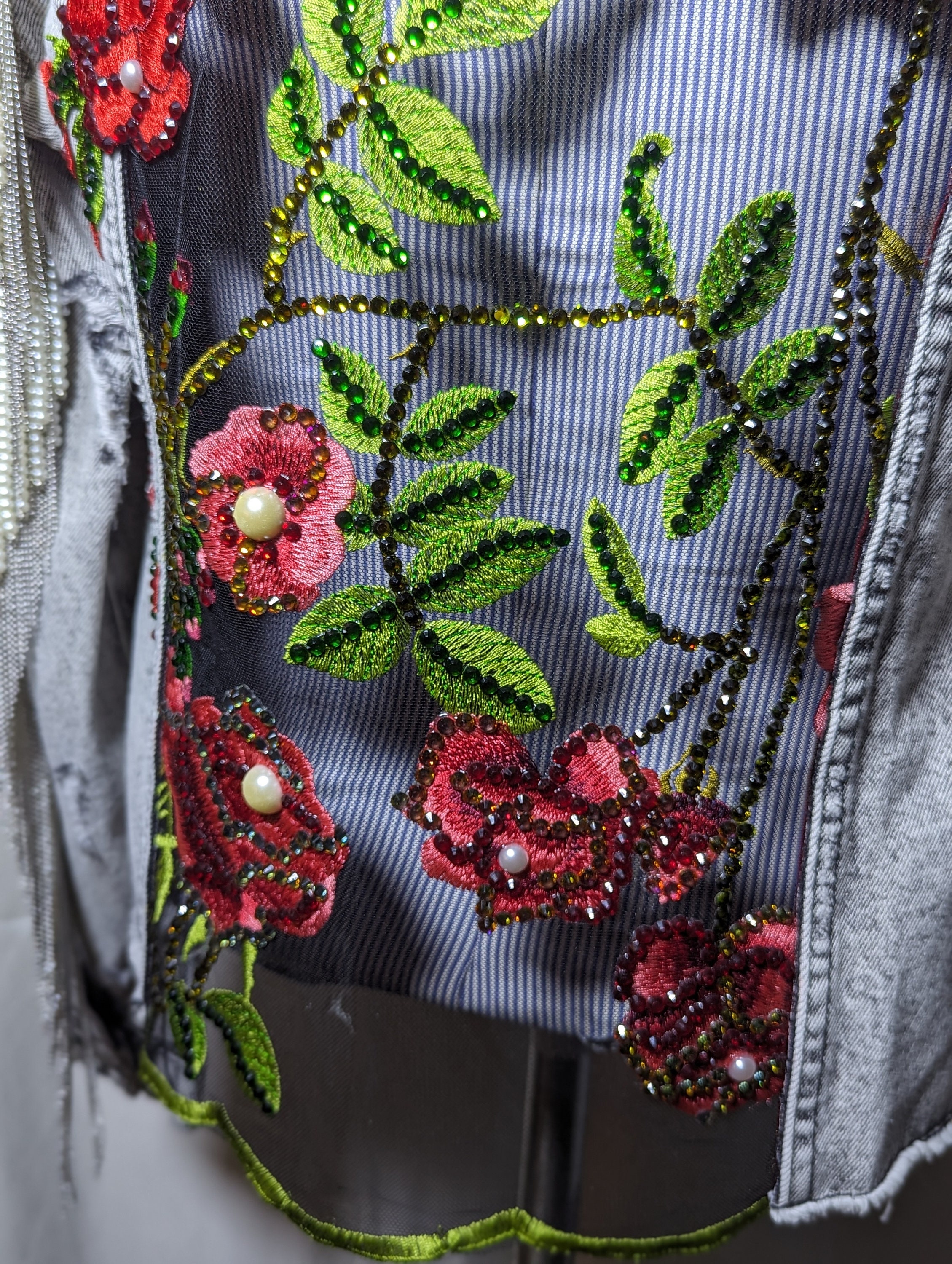 Lace With Red Flowers on a Blackish Denim Jacket. Size XS - Etsy