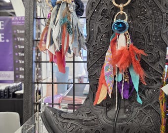 Western Boot Tassel Made of Feathers, Silk, Ribbons, Leather and Crystals