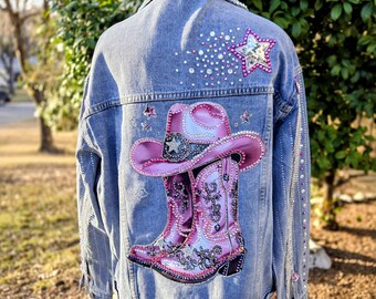 Pink Boots and Cowgirl Hat on a Light Blue Denim Jacket Size S Oversized