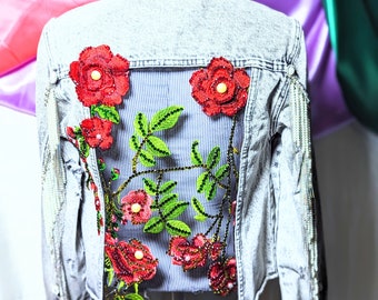 Lace with Red Flowers on a Blackish Denim Jacket. Size XS