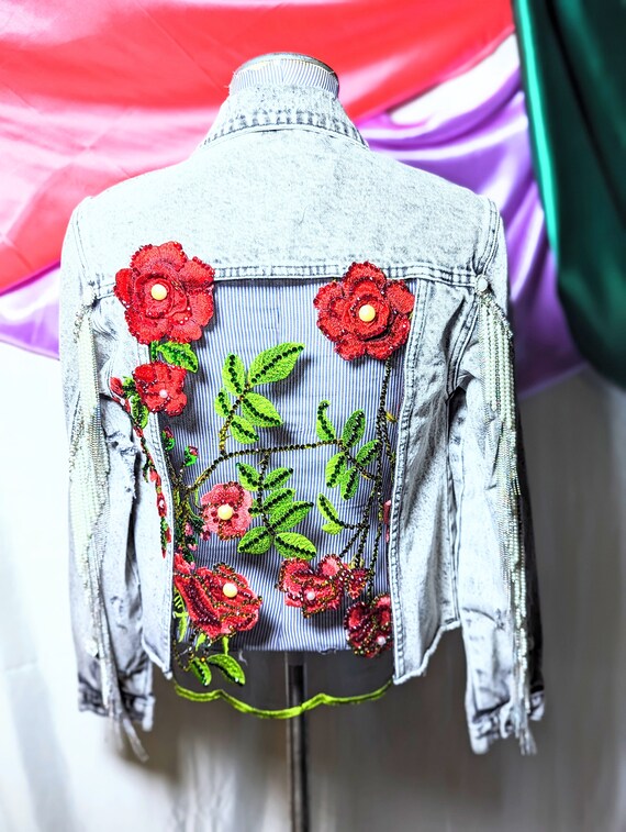 Lace With Red Flowers on a Blackish Denim Jacket. Size XS - Etsy