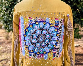 Western Turquoise Concho with Rhinestone Fringe on a Yellow Denim Jacket Size L