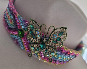 Hand Made Braided and Beaded Hat Band in Bright Colors with Butterfly