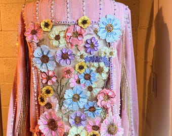 Pastel Lace Floral In a Pink Denim Jacket Size L
