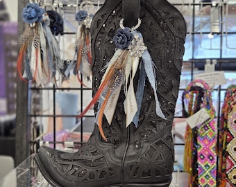 Western Boot Tassel Made of Feathers, Silk, Ribbons, Leather and Crystals