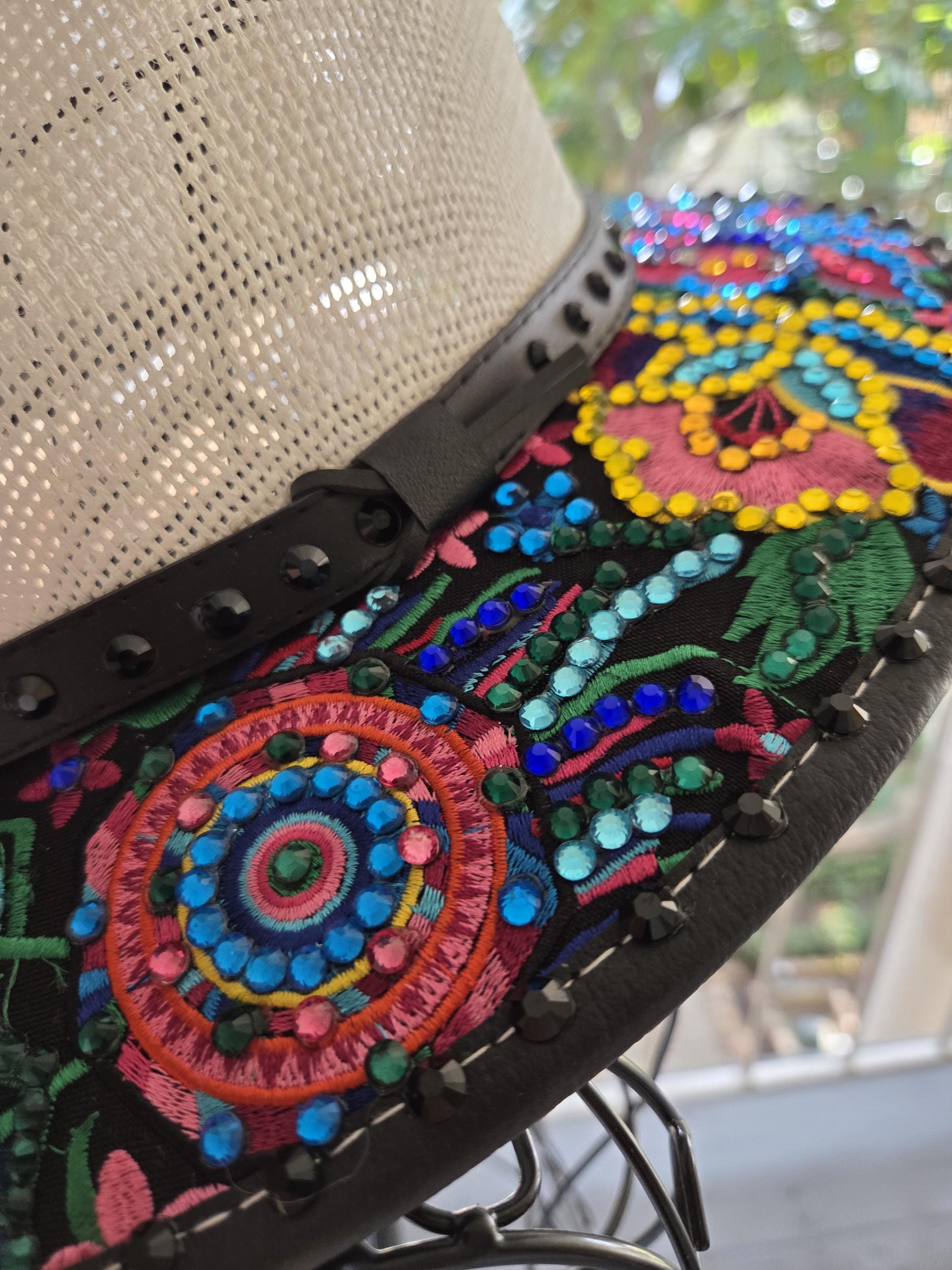 Vibrant Multicolor Rhinestone Embellished Fedora Hat ONE OF A KIND Faux Suede Ochre Cowgirl Hat With Rainbow Crystal  main image 3