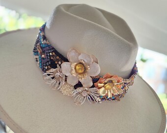 Hand Made Braided and Beaded Hat Band with Flowers