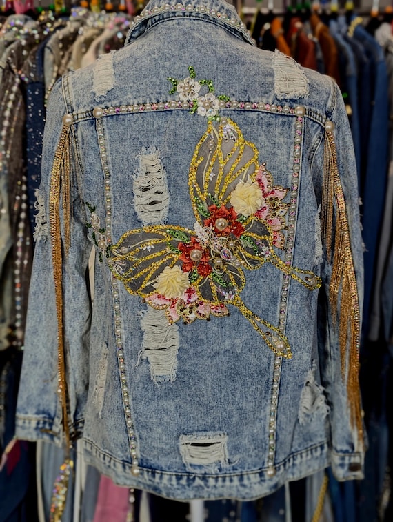 Rhinestone Butterfly Denim With Gold Chain Fringe, Embellished