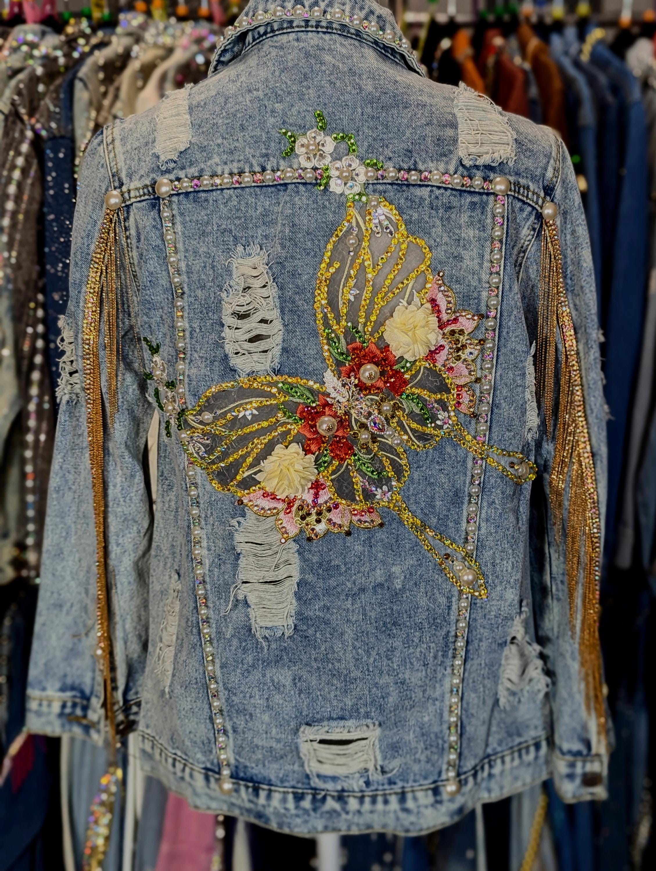 Lace Buterfly With Flowers and Gold Chain Fringe on Light Blue 