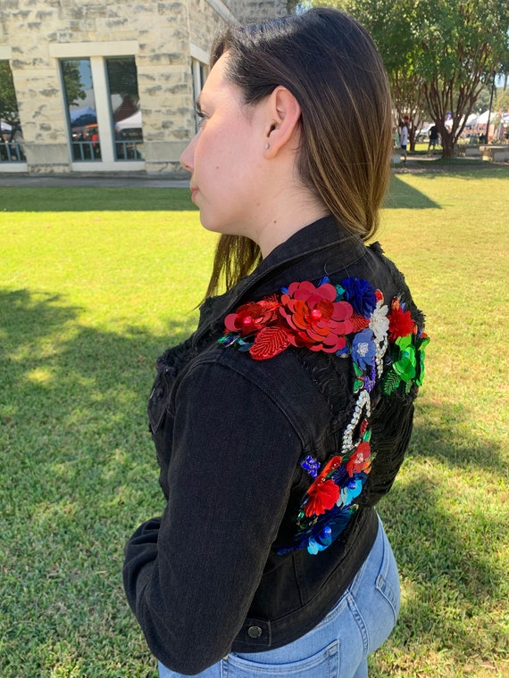 Love With Bright Flowersripped Embellished Denim Jacket 