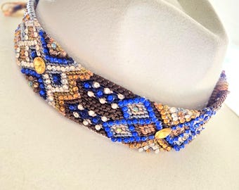 Hand Made Braided and Beaded Hat Band Brown, Yellow and Blue Rhinestones