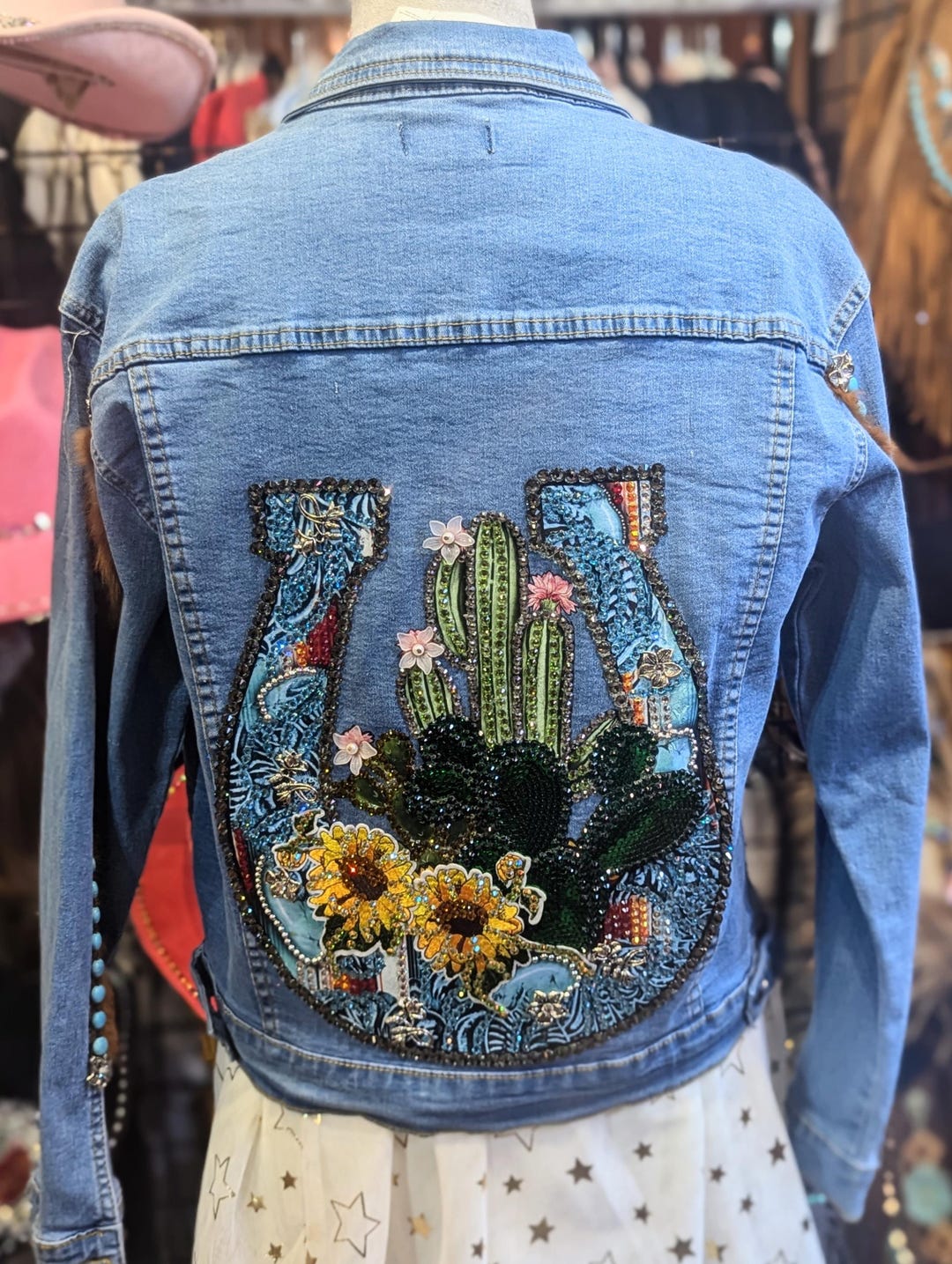 Turquoise Horse Shoe With a Cactus and Sunflowers on a Med Blue  Embellished Denim Jacket, Rhinestone Denim Size XL Jr
