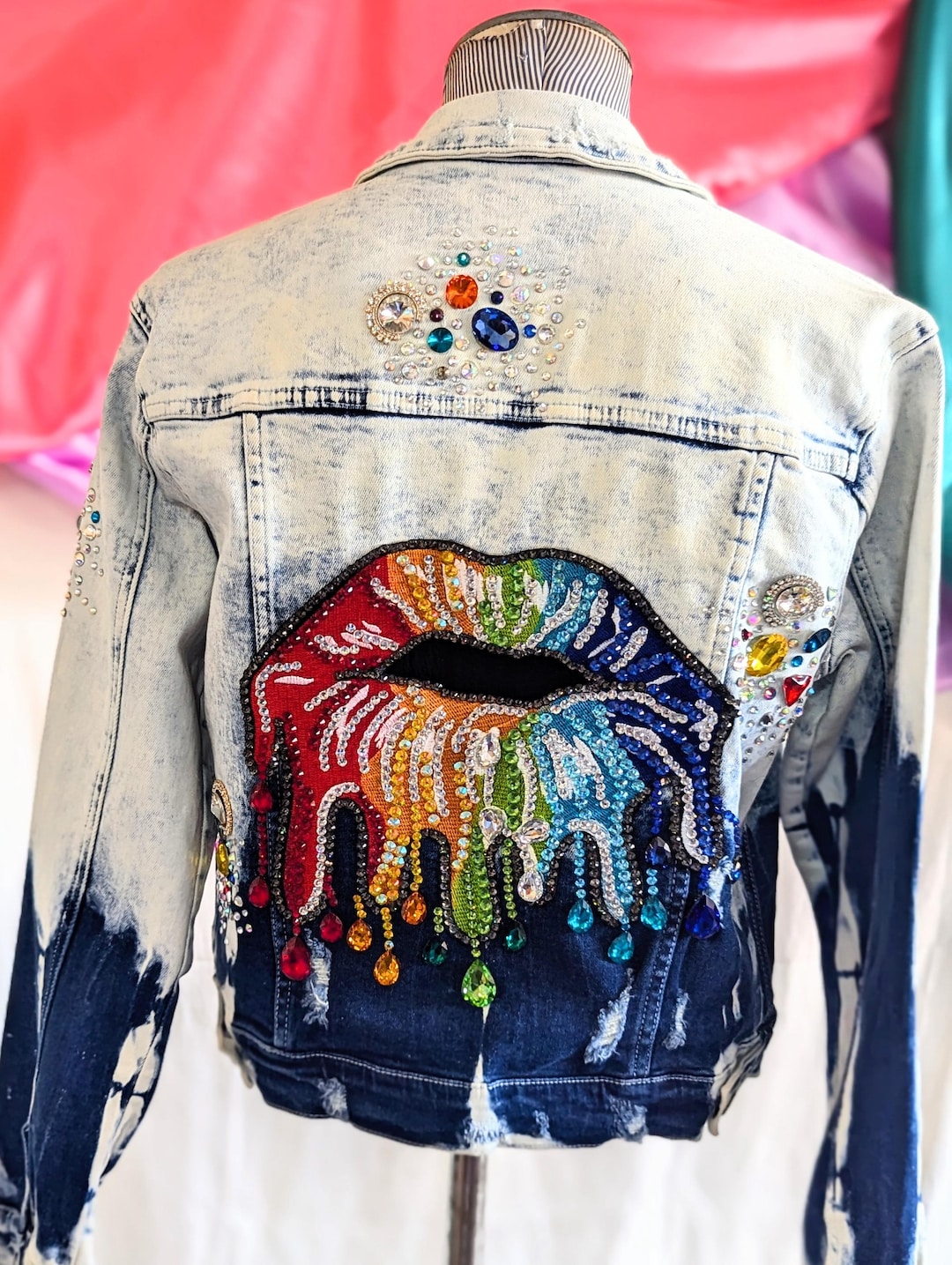 Colorful Lips on a Bleached Blue Denim Embellished Denim Jacket,  Rhinestone Denim Size S