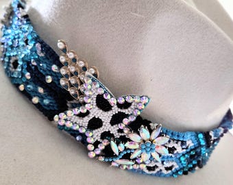Hand Made Braided and Beaded Hat Band in Blue with Cow Star