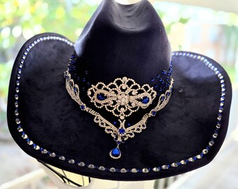 Black Faux Suede Hat with White and Royal Blue Crystals Design