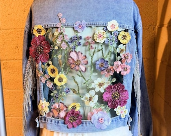 Pastel Floral Lace on M<ed Blue Denim Jacket Size S