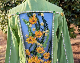 Sunflower Floral Lace in a Green Denim Jacket Size S