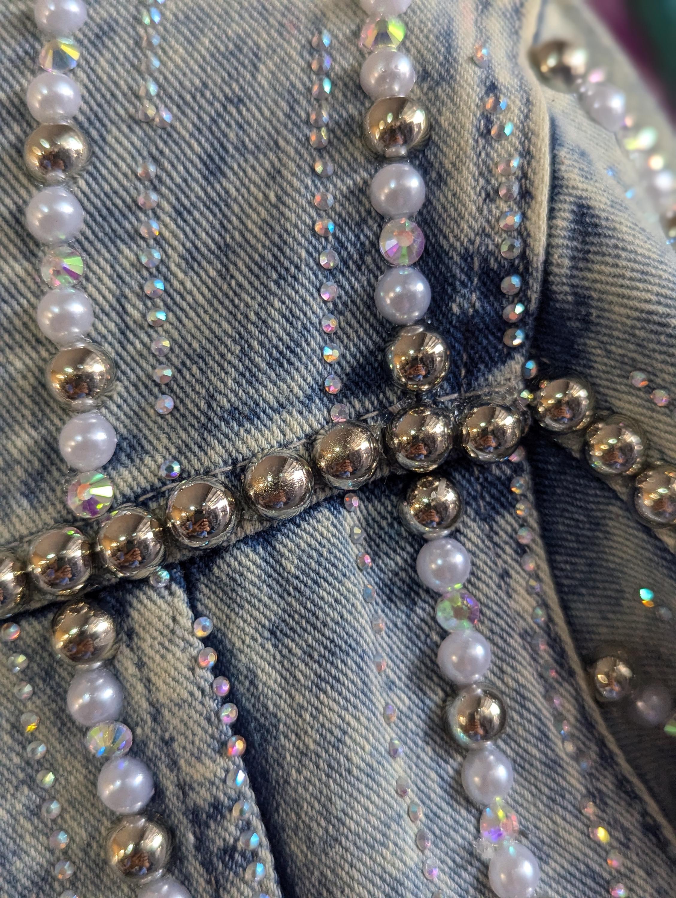 Silver Rhinestone Jacket White and Silver Pearls on Lines on a Rhinestone Lines Black Denim ...