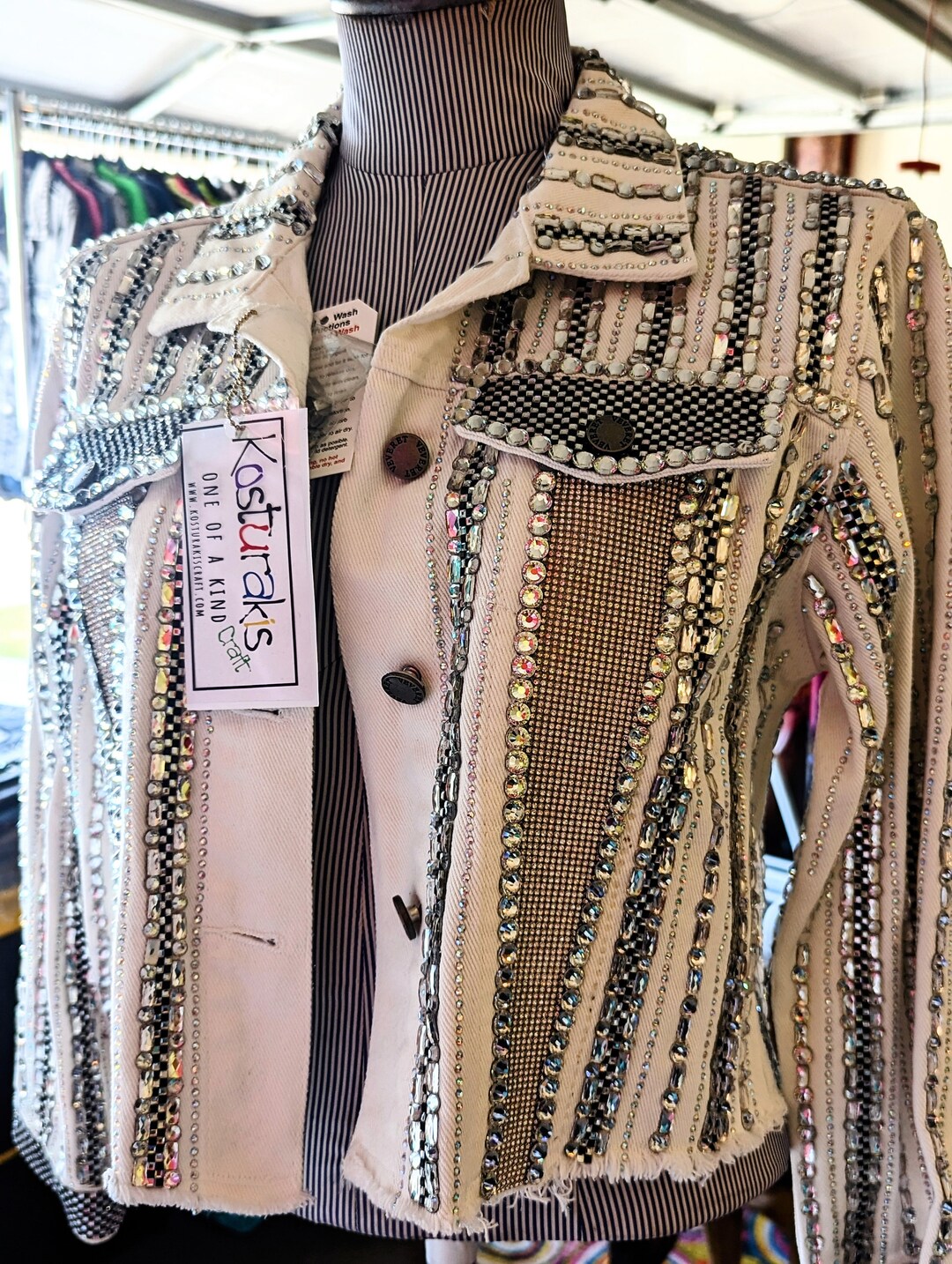 Race Sparkly on a White Denim Jacket. Embellished Denim Jacket ...