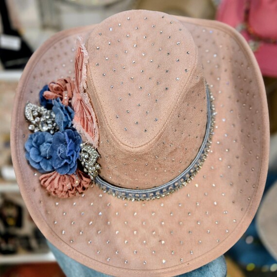 Pink Denim Hat With Blue Denim Flowers and Crystal Stones - Etsy display picture 3