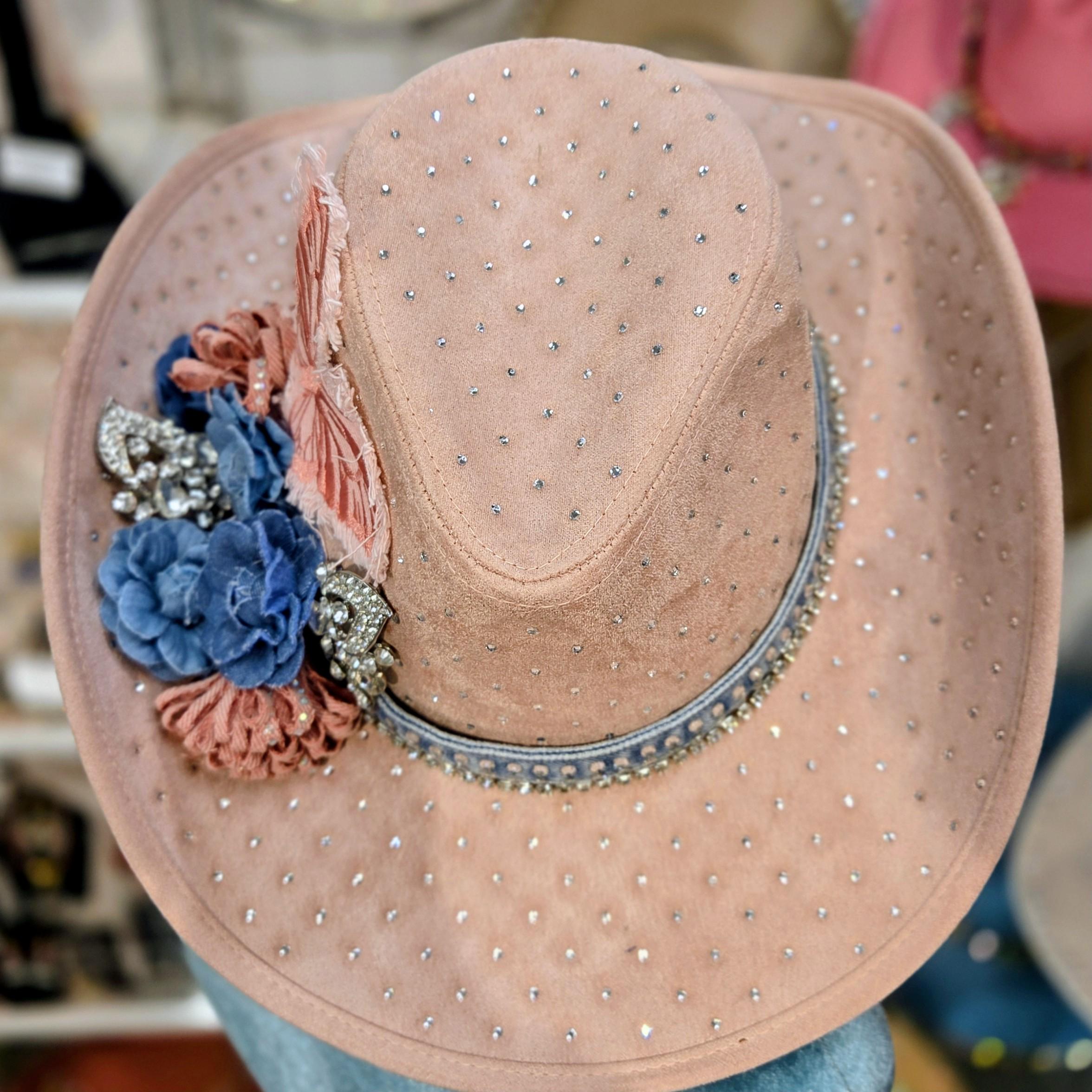 Vintage Blue Denim Embroidered Western Cowgirl Sun Hat Bow Rhinestones David & Young Women main image 2