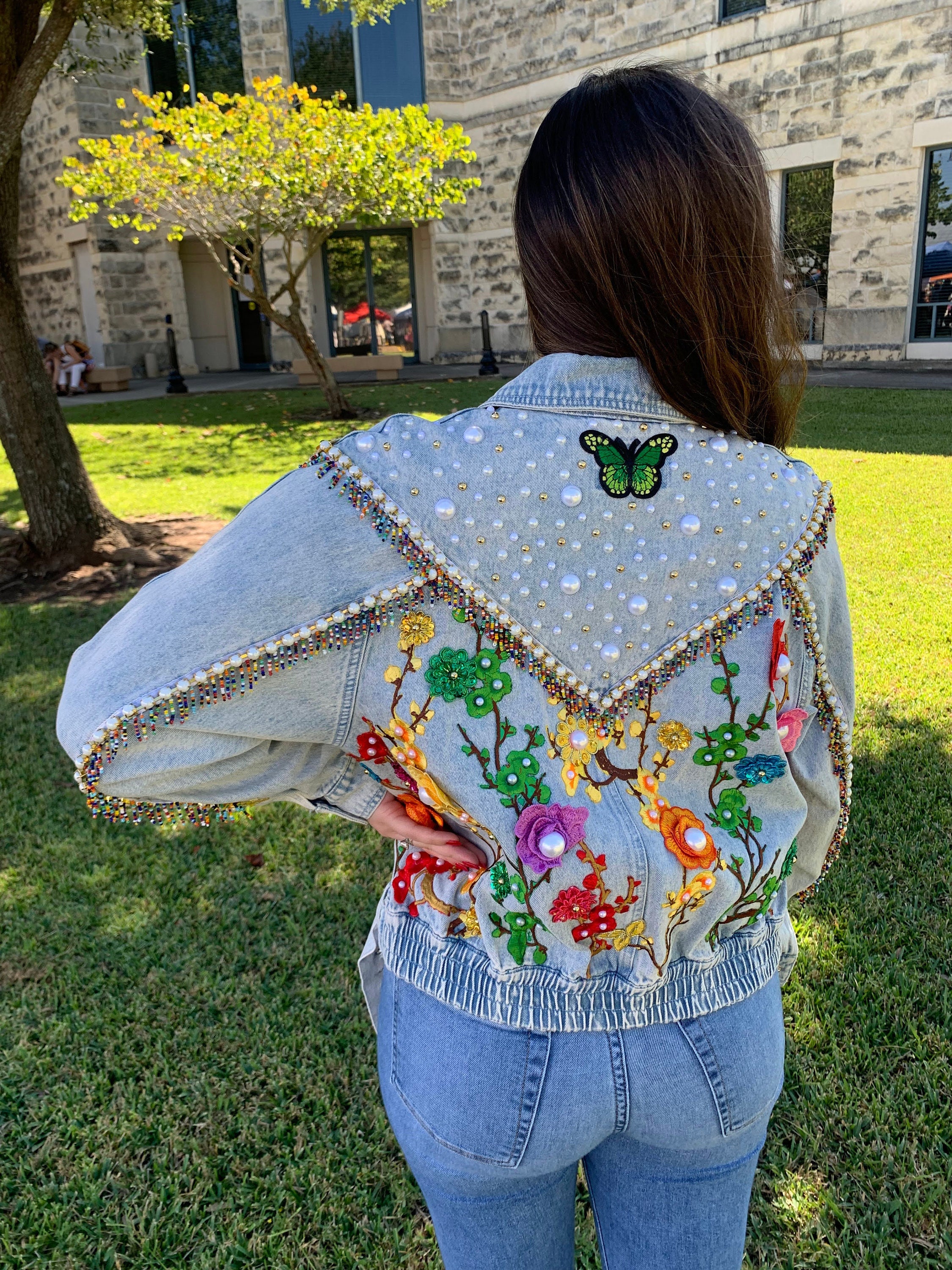 Floral Blue Denim Jacket.fringe and Patch Denim Jacket 