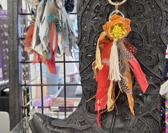 Western Boot Tassel Made of Feathers, Silk, Ribbons, Leather and Crystals