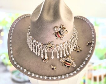 Cream Faux Suede Hat with Pearls and Bees Brown
