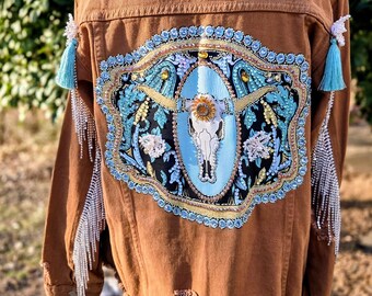 Cow Skull and Turquoise with Rhinestone Fringe on Brown Denim Jacket Size XL