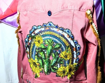 Cactus on Arch on a Coral Denim Jacket. Size S