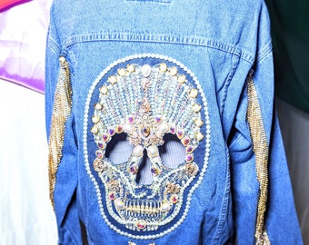 Lace Skull with Pearls on Med Blue Denim Jacket. Size S oversize