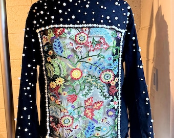 Colorful Floral Lace On a Black Denim  Jacket with Pearls Size L