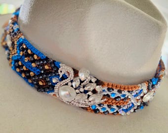 Hand Made Braided and Beaded Hat Band with Crystal Swans