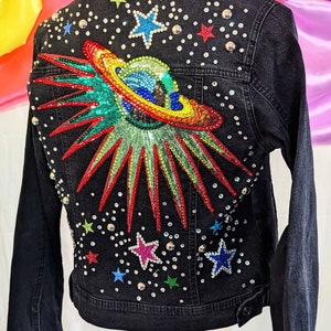 Colorful Planet with Stars on a Black Denim Jacket, Embellished Denim Jacket