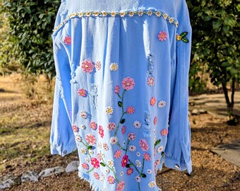 Pink Margarita Flowers on Blue Denim Jacket Size M