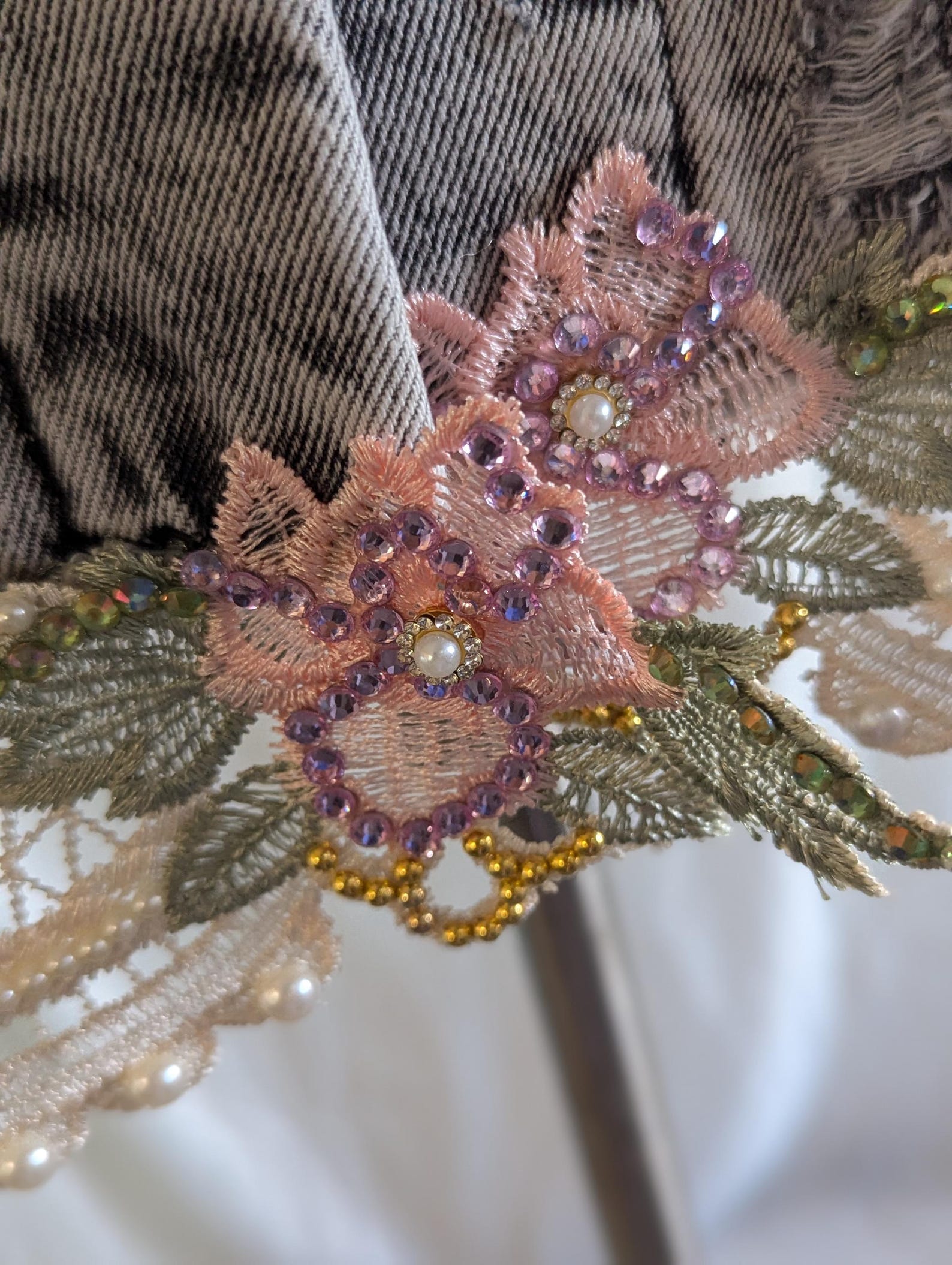 Lace With Pale Roses and Beige Lace at the Bottom on a Grey Denim ...