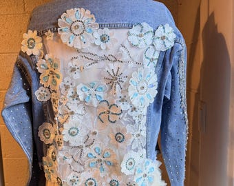 White Lace Floral on a Med Blue Denim Jacket Size S