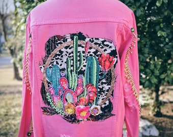 Cactus with Flowers on a Pink Denim Jacket Size L