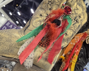Western Boot Tassel Made of Feathers, Silk, Ribbons, Leather and Crystals